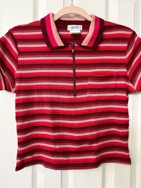 Vintage Esprit Striped Ribbed Zip Polo Crop Top in Red and Pink